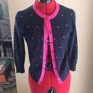 Crown and Ivy navy sweater with pink polka dots.